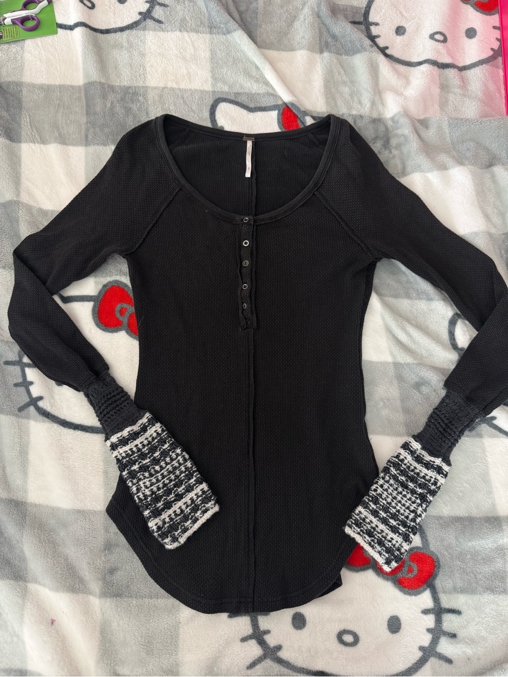 Free People Black Waffle-Knit Henley with Marled Cuff Panels